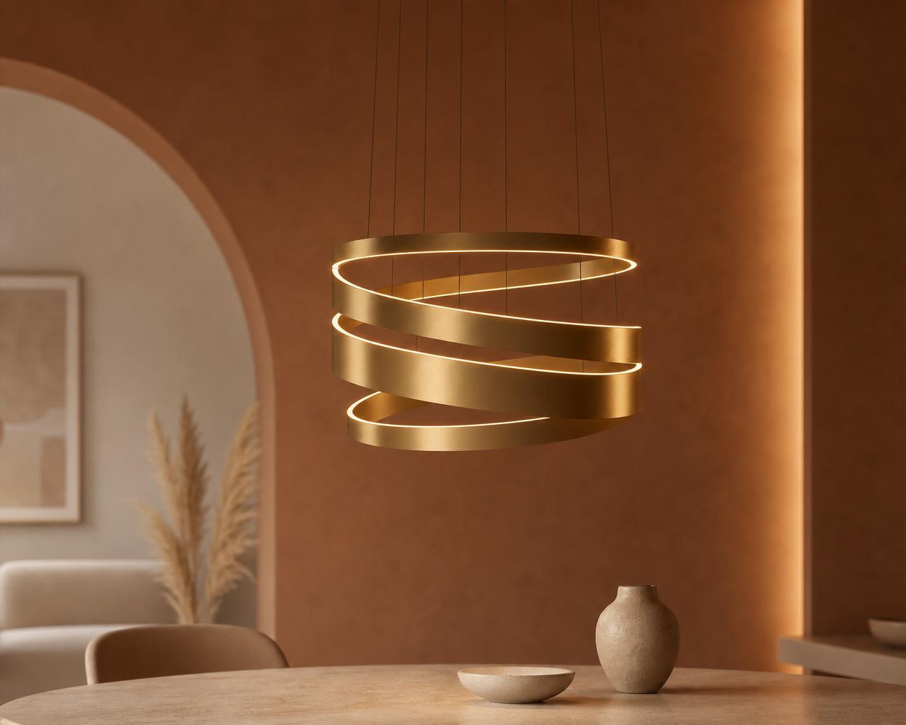 A sculptural brass pendant lamp glowing in a warm terracotta interior